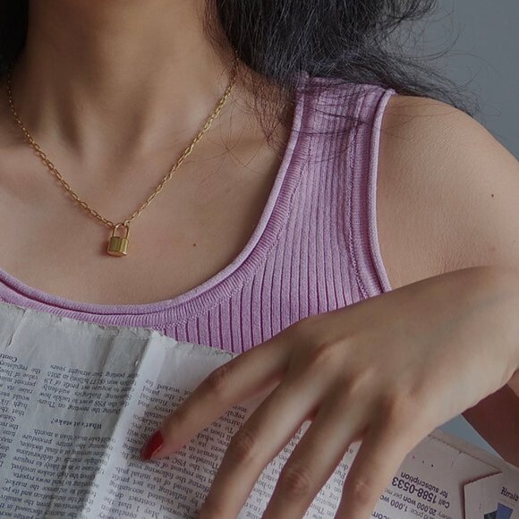 NEW 18K Gold Plated Lock Padlock Pendant Link Chain Paper Clip Necklace - Picture 6 of 6